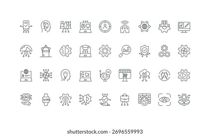 Robotic engineering, data personalization, tech innovation thin black and red outline symbol vector illustration Digital transformation change process, product and business solution, AI line icon set.