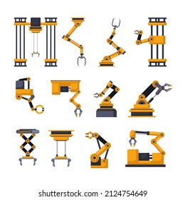Robotic equipment for factory vector illustrations set. Robots arms or hands for manufacturing industry, technological revolution on white background. Technology, machinery, engineering concept
