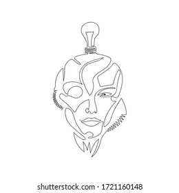 Robotic face with idea lightbulb. Artificial intelligence find solution. Resolving problems concept. Continuous line drawing illustration.