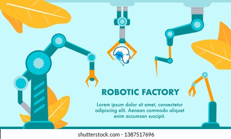 Robotic Factory Promo Flat Vector Banner Template. Hi-tech Manufacturing Typography with Text Space. Automated Arms Constructing Humanoid, Cyborg. Smart Industry Advertising Poster Design Layout