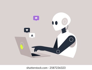 A robotic figure interacts with a laptop, showcasing the growing trend of automated responses on social platforms, Colorful speech bubbles illustrate the engagement