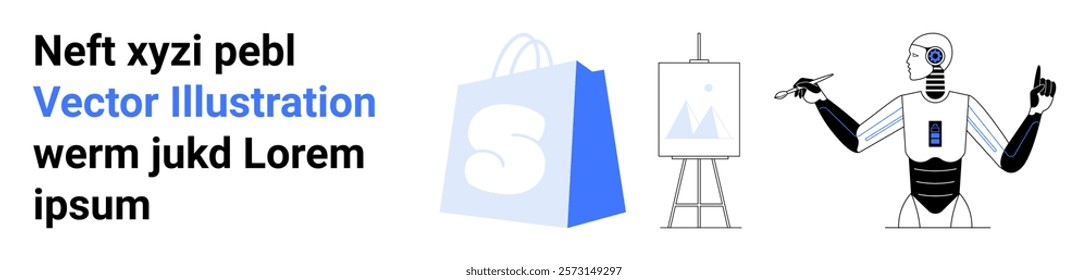 Robotic figure pointing, shopping bag with S symbol, easel with image. Ideal for technology, e-commerce, online shopping, art creation, artificial intelligence. Landing page