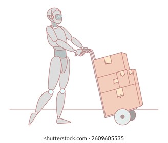 A robotic figure skillfully moving boxes on a dolly, showcasing automation in the logistics industry