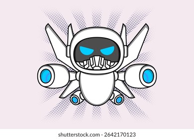 A robotic figure with a white body, blue eyes, sharp teeth, and wing-like jet structures on its back Illustration vector design. EPS 10.