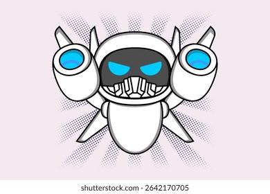 A robotic figure with a white body, blue eyes, sharp teeth, and wing-like jet structures on its back Illustration vector design. EPS 10.