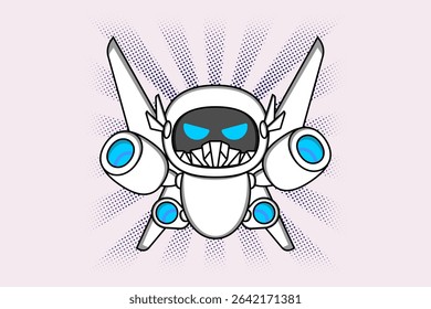 A robotic figure with a white body, blue eyes, sharp teeth, and wing-like jet structures on its back Illustration vector design. EPS 10.