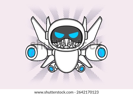 A robotic figure with a white body, blue eyes, sharp teeth, and wing-like jet structures on its back Illustration vector design. EPS 10.