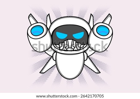 A robotic figure with a white body, blue eyes, sharp teeth, and wing-like jet structures on its back Illustration vector design. EPS 10.