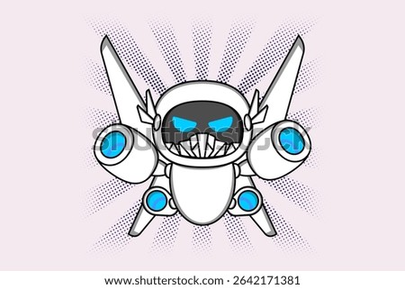 A robotic figure with a white body, blue eyes, sharp teeth, and wing-like jet structures on its back Illustration vector design. EPS 10.