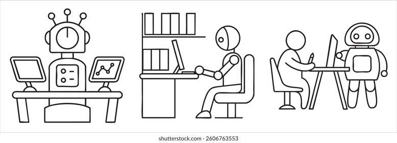 Las figuras robóticas se dedicaban a varias tareas en los escritorios, ilustrando la tecnología y los entornos de trabajo.