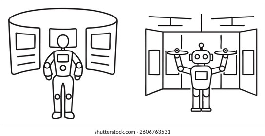 Robotic figures interacting in a futuristic environment with screens and controls.