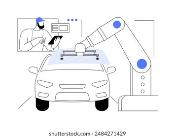 Robotic glass installation abstract concept vector illustration. Worker controls of robotic operations on monitor, machinery glass installation, car manufacturing industry abstract metaphor.