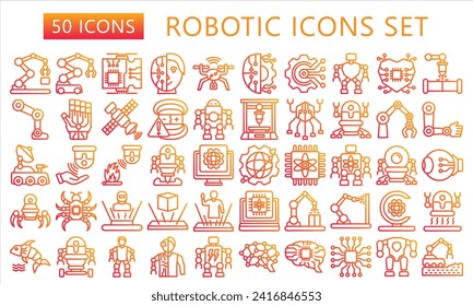 Robotic gradient outline icons set. contain robot, arm robot, artificial intelligence, industrial, science and more. best for UI or UX, web and app development. vector EPS 10.