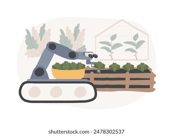 Robotic greenhouse isolated cartoon vector illustrations. Robot picking seedlings in greenhouse, agriculture industry, smart farming technology, modern cultivation process vector cartoon.