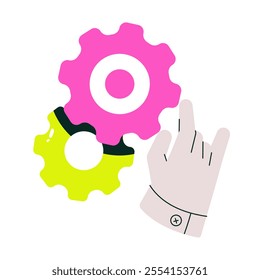 Robotic Hand Adjusting Pink And Yellow Gears In Flat Vector Illustration Symbolizing Automation, Settings, Engineering, And Innovation, Isolated On White Background.