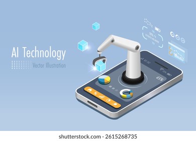Robotic hand with analyzing business graph chart data on smartphone. AI artificial intelligence technology as smart assistant in business analysis to develop smart solution. 3D vector.