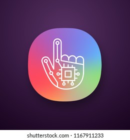 Robotic hand app icon. UI/UX user interface. NFC or RFID implant. Digital hand. Microchip implant. Web or mobile application. Vector isolated illustration
