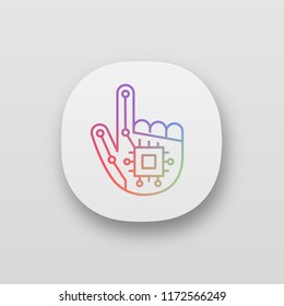 Robotic hand app icon. UI/UX user interface. NFC or RFID implant. Digital hand. Microchip implant. Web or mobile application. Vector isolated illustration