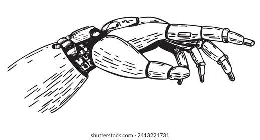 Robotic Hand. Artificial intelligence robot hand. Cyborg droid arm. Robotic prosthesis mechanical futuristic robot hand with metal fingers. Concept sketch vector illustration