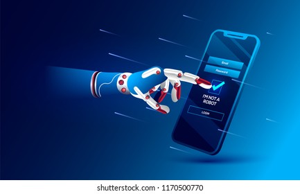 Mão robótica clicando em captcha 'Eu não sou um robô'. Inteligência artificial, conceito de hacking de sistema.