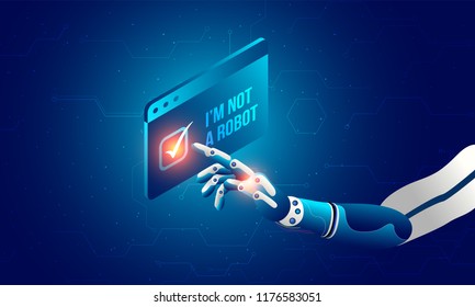 Robotic hand clicking on captcha 'I am not a robot'. Artificial intelligence(AI) concept. 