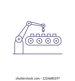 Robotic hand at conveyor belt line icon. Automatic production conveyor, assembly line, robotic industry. Factory concept. Vector can be used for topics like industry, production, transportation