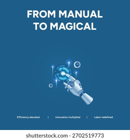 Uma mão robótica interage delicadamente com tecnologia avançada, simbolizando a transformação mágica de processos manuais para soluções automatizadas e inteligentes.