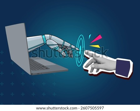 A robotic hand extending from a laptop screen and a human hand touching each other. Modern photo collage style. Vector illustration