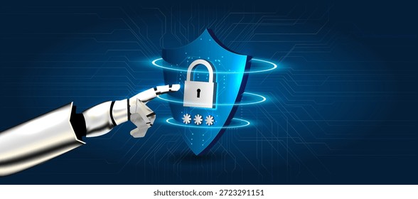 Uma mão robótica está se estendendo em direção a um escudo que possui um símbolo de bloqueio. O fundo mostra os padrões e designs digitais relacionados à segurança cibernética. Essa cena se concentra na proteção de dados.