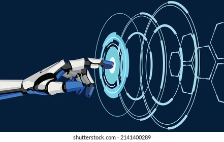Robotic hand finger touches interface showing visualization with circles and hexagons
