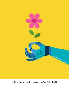 Robotic hand with a flower, vector background, banner