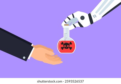 robotic hand gives poison bottle beaker to man vector illustration