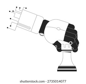 Mão robótica segurando a ilustração de esboço da peça de xadrez da torre. Braço robô de IA segurando o xadrez. Aprendizado de máquina. Lógica de tomada de decisão isolada imagem vetorial 2D preto e branco. Clip-art de desenho linear