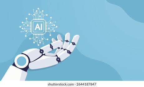 Robotic hand holding an AI chipset. Future cybernetic artificial intelligence, innovation and Machine learning. Big data and deep learning technology concept. Vector cartoon illustration.