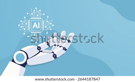 Robotic hand holding an AI chipset. Future cybernetic artificial intelligence, innovation and Machine learning. Big data and deep learning technology concept. Vector cartoon illustration.