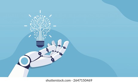 Robotic hand holding a circuit bulb. AI hands concept in the flat cartoon style. Artificial intelligence and Machine learning. Big data and deep learning technology concept. Vector illustration.
