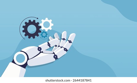 Robotic hand holding cogwheels. Future cybernetic artificial intelligence, innovation and Machine learning. AI technology. Technical support engineering concept. Vector cartoon illustration.