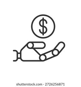 robotic hand holding digital US dollar clip art icon symbol, cryptocurrency concept, isolated thin line vector illustration