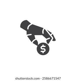 A robotic hand holding a dollar coin vector icon. filled flat sign for mobile concept and web design. Robo Advisors glyph icon. Symbol, logo illustration. Vector graphics