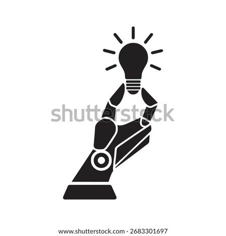 Robotic hand holding glowing light bulb of innovation and artificial intelligence silhouette
