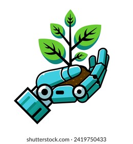 Robotic Hand Holding Green Plant Vector Isolated on White Background