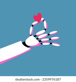 Robotic hand holding a heart. Ethics in the use of artificial intelligence. Collaboration between man and AI. Flat vector illustration.