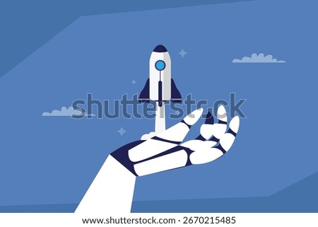 A robotic hand holding up a launching rocket, symbolizing the concept of artificial intelligence or technology supporting a startup, business launch, or innovation 2d flat vector illustration