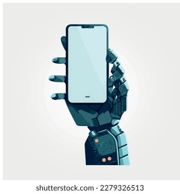 robotic hand holding mobile phone, vector illustration