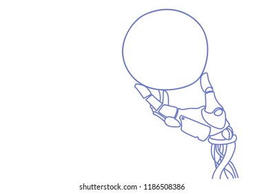 Robotic hand holding round empty board artificial intelligence service assistance concept advertising copy space sketch doodle horizontal vector illustration