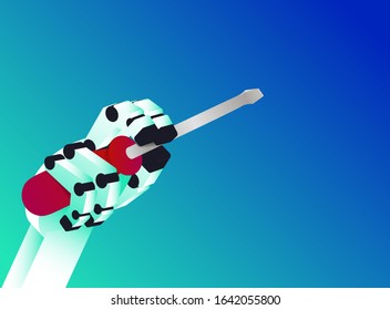 Robotic hand is holding screwdriver. Isolated on blue background. vector illustration.