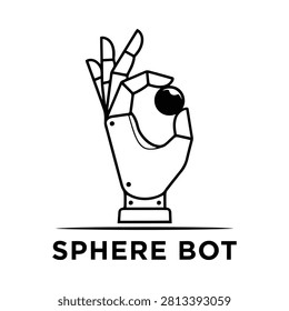 Robotic hand holding sphere black and white line drawing illustration