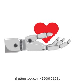 Robotic hand holding a vibrant red heart, symbolizing AI with emotional intelligence and empathy
