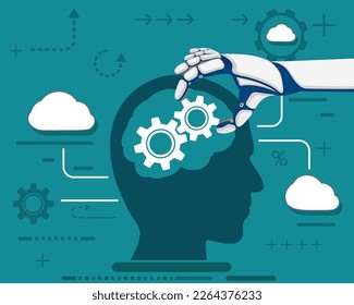Robotic hand holds a gear against the background of a head silhouette. Artificial intelligence and machine learning. Vector illustration