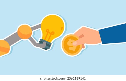 A robotic hand holds a lamp while a businessman’s hand holds a dollar coin, illustration of the cost required to obtain creative and innovative business solutions from AI